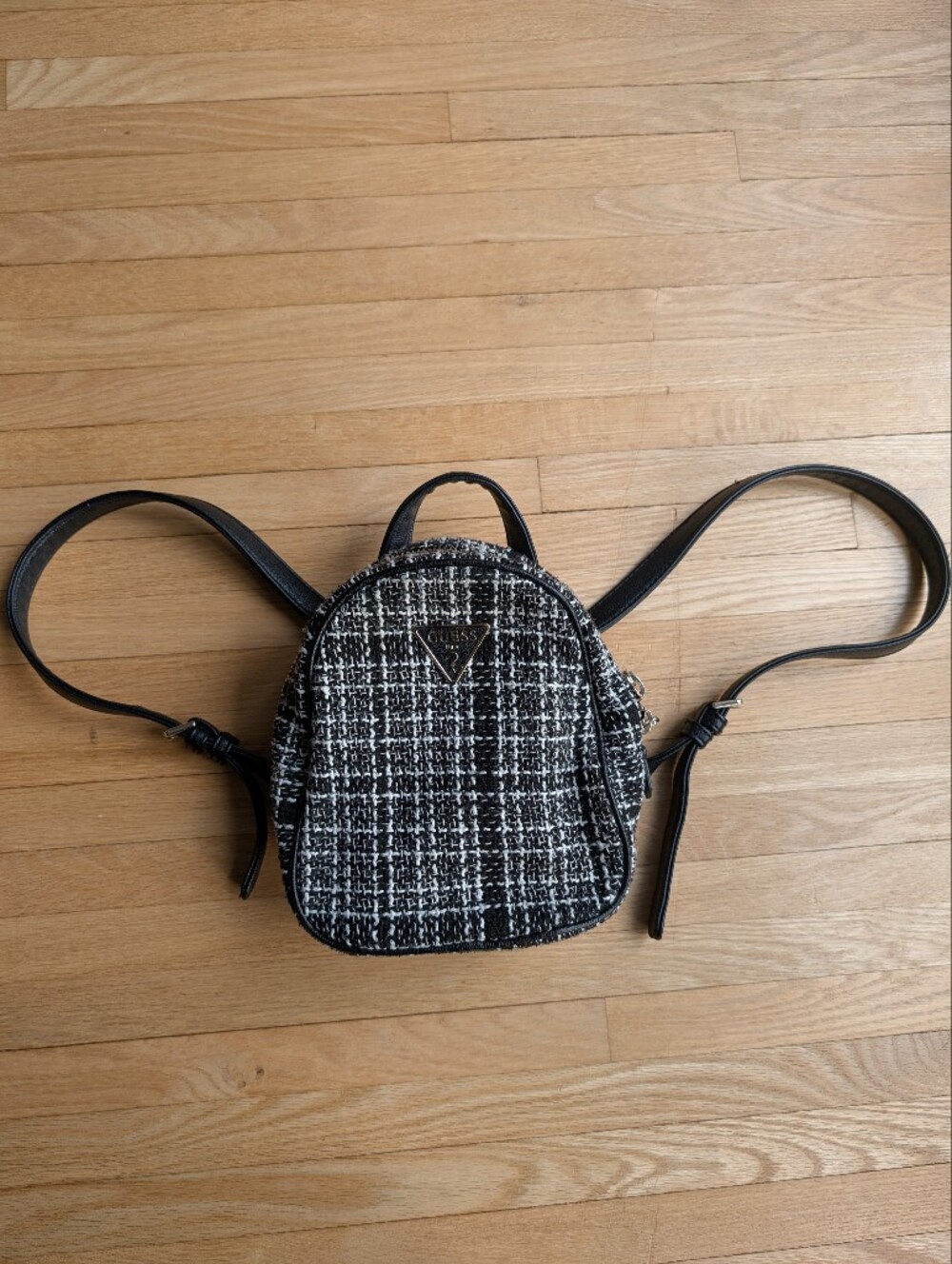 GUESS Black & White Tweed Mini Backpack Gold Hardware